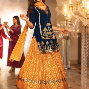 Blue Festive Short Kurta, Orange Crinkle Skirt and Dupatta
