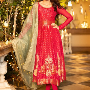 Pink Embellished Anarkali Festive Kurta, Tights and Dupatta Set