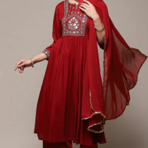 GREEN & MAROON RAYON GATHERED KURTA PALAZZO SUIT SET