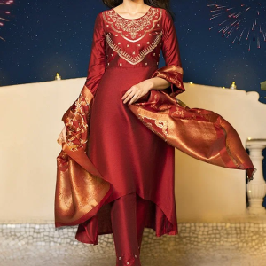 Red Zari Embroidered Kurta, Pants and Jacquard Dupatta